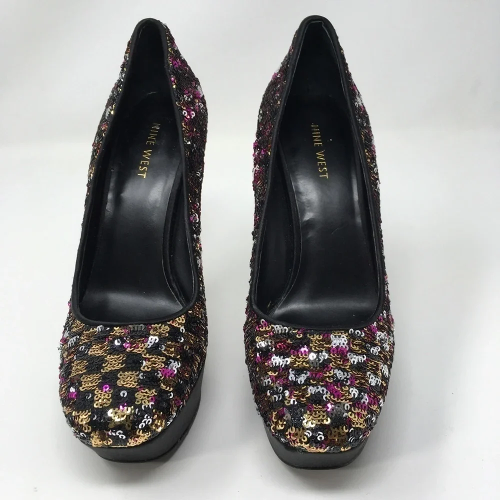 Nine West Heels Shoes Black Pink Satin Sequins 7.5